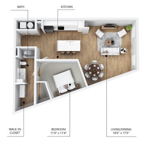 Floor plan for 1 bed, 1 bath, 860 sqft